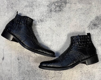 J.M. Weston Balck Croc-Embossed Leather Zip Boots Pointed Toe Size 43