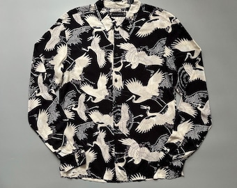 AllSaints Crane Print Japan-Style Long Sleeve Shirt – Black & White – Size S