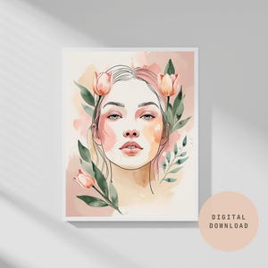 Feminine Line Art Printable, Boho Wall Art Digital Download, Soft Color Woman Silhouette, Minimalist Art, Modern Digital Art for Home Decor