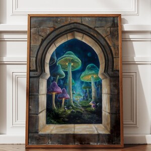 Giant Mushroom Forest Art, Textured Fantasy Arch, Faux Window Decor, Impressionist View