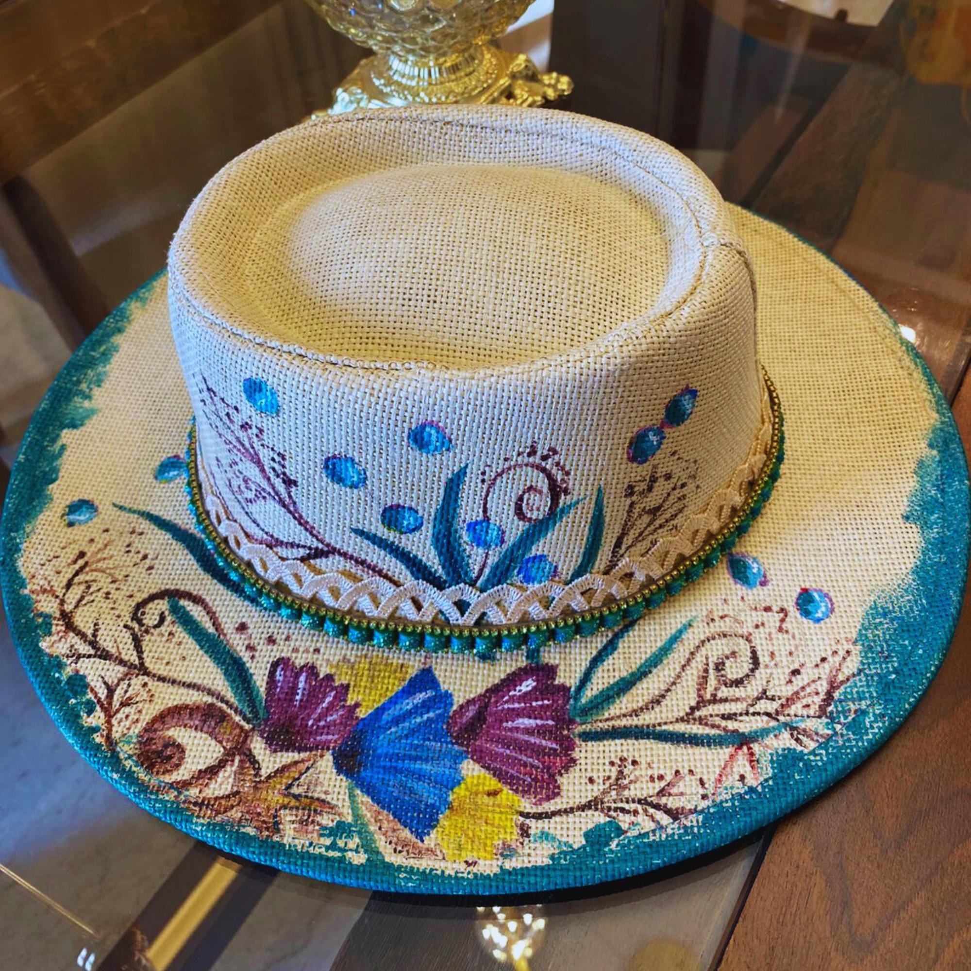 Hand Painted Floral Panama Style Hat Boho Festival Sun Hat Floral Hand-painted Panama Hat: Boho Summer Fedora - Etsy main image 3