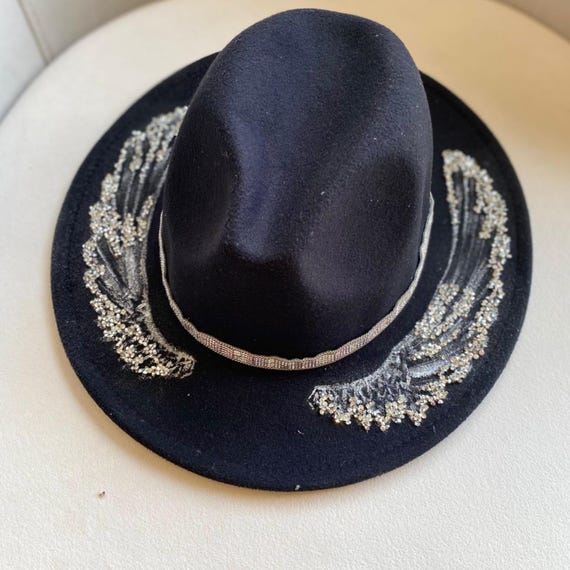 Embellished Black Felt Fedora Solstice Black Fedora - Wide Brim – Jukebox Fashion main image 3