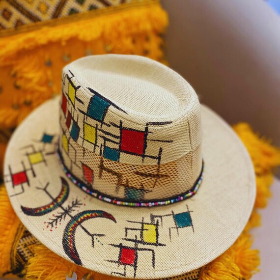 Hand-painted Panama Hat: Geometric Boho Straw Sun Hat - Etsy display picture 1