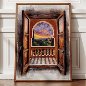 Arte texturizado del histórico puerto de Malta, vista de la ventana con arco de piedra de La Valeta, decoración de pared de estilo mediterráneo.