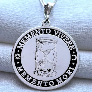 Memento Vivere Memento Mori Sterling Silver Engraved Necklace&quot;, Skull Coin Pendant  for Him&Her”Stoic Silver Necklace,Gothic Jewelry
