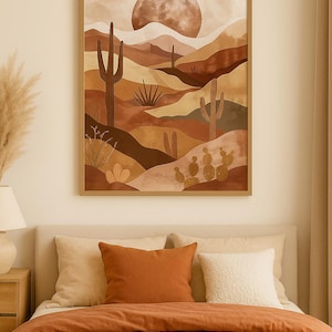Boho Desert Wall Art Printable, Cactus Moon Digital Download, Minimalist Neutral Earth Tone Decor