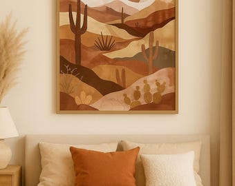 Utskrivbar bohemisk ökenväggkonst, digital nedladdning av kaktusmåne, minimalistisk neutral jordtondekor