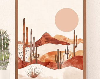 Utskrivbar väggkonst i öken – minimalistiskt boholandskap, jordnära digital nedladdning, neutral modern inredning, set med 3 storlekar