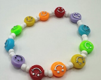 Rainbow Smiley Face Beaded Bracelet: Pride Jewelry Gift