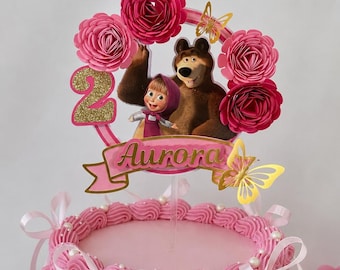 Masha, décoration de gâteau ours - couches 3D, âge et nom personnalisés,