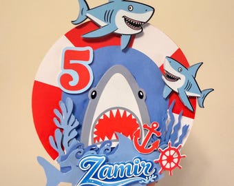 Décoration de gâteau requin - couches 3D, âge et nom personnalisés,