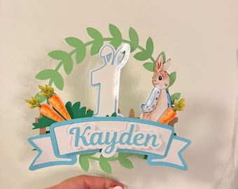 Décoration de gâteau 3D Peter Rabbit, prénom et âge personnalisés, thème du premier anniversaire