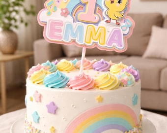 Décoration de gâteau d'anniversaire personnalisée pour poussin - Nom personnalisé, âge, motif soleil arc-en-ciel