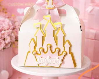 Boîte à pignon de château de princesse, cadeau d'anniversaire personnalisé, boîte de gâteries de conte de fées personnalisée