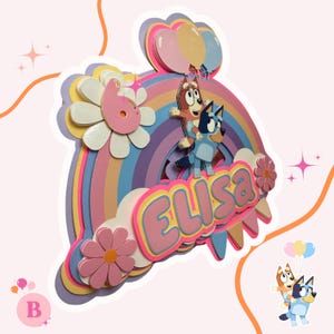 Cake Topper Blue Dog Cartoon Colors, Custom Name Happy Birthday Cake Topper, Bluey Theme Party Decor , 3D Custom Cardstock Cake Toppers