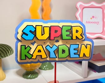 Topper de gâteau Super Kart 3D personnalisé, décoration de fête d'anniversaire, inspiré de Mario, nom personnalisé
