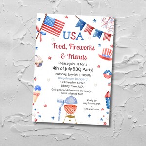 Invitation à une soirée barbecue du 4 juillet, modèle pour la célébration de la fête de l'indépendance des États-Unis, invitation patriotique sur toile pour barbecue d'été | SS122