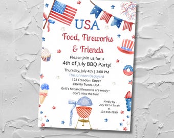 4th of July BBQ Party Invitation, USA Independence Day Celebration Template, Patriotic Summer Cookout Canva Invite | SS122