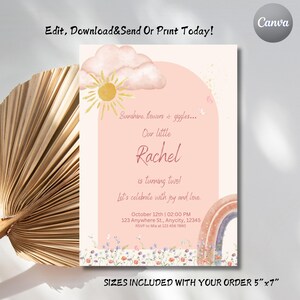 Sonnenschein Regenbogen Geburtstagseinladung, bearbeitbare Pastellblumen Party einladen, druckbare Mädchen-Geburtstagskarte, sofortiger Download | SS102