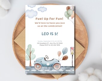 Editable Car Birthday Invitation, Boy’s 5th Birthday Invite, Blue Watercolor Auto Party Template, Instant Download | SS143