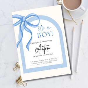 Invitación editable con lazo azul para baby shower, plantilla para fiesta de niño, tarjeta minimalista de Canva para baby shower / SS116