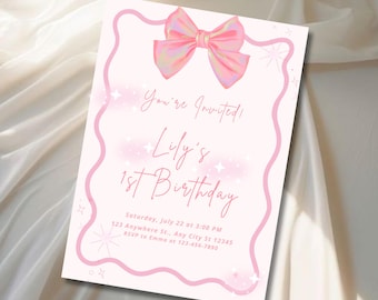Pink Bow Birthday Invitation, Editable 1st Birthday Invite for Girl, Cute Canva Template, Instant Download  | SS108