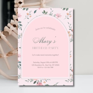 May include: A pink floral birthday party invitation with the text "Join us to celebrate Mary's Birthday Party". The invitation includes the date, time, and RSVP information. The design features watercolor flowers and greenery.