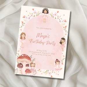 May include: A pink birthday party invitation with a watercolor design. The invitation features the text "You are invited to Maya's Birthday Party" and includes the date, time, and RSVP information. The design includes illustrations of fairies, flowers, and mushrooms.