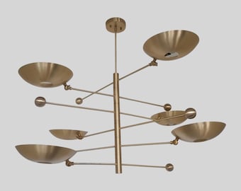 Brushed Brass Sputnik Chandelier: Mid-Century Modern Disc Shade, 6-Light