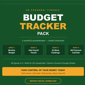 Op de afbeelding: Een donkergroen digitaal budgettracker-pakket voor persoonlijke financiën in het VK. Het bevat vier spreadsheets: Monthly Budget, Debt Payoff Tracker, 52-Week Challenge en Bill Payment Calendar. De tekst luidt Take Control Of Your Money Today.