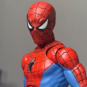 May include: A red and blue Spider-Man action figure. The figure has a red mask with white eye lenses and a black spider emblem on the chest. The figure's costume is red with blue accents.
