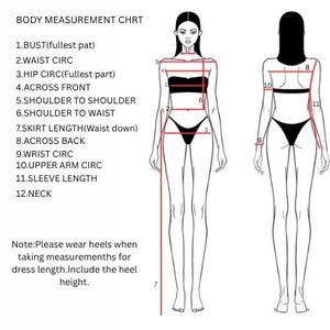 May include: A black and white diagram showing body measurement points for clothing. The diagram features front and back views of a figure, with numbered lines indicating bust, waist, hip, shoulder, and sleeve measurements. Text at the top reads "BODY MEASUREMENT CHRT".