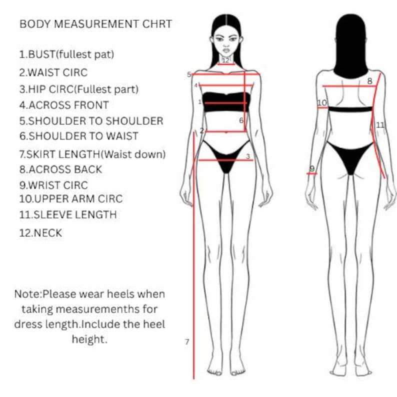 May include: A black and white diagram showing body measurement points for clothing. The diagram features front and back views of a figure, with numbered lines indicating bust, waist, hip, shoulder, and sleeve measurements. Text at the top reads "BODY MEASUREMENT CHRT".