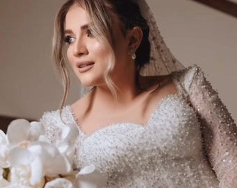 Sequin Long Sleeve Wedding Dress Custom Beaded Bridal Couture Elegant Luxury Handmade Ball Gown