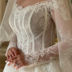 French Lace Corset Wedding Dress | Long Sleeve Bridal Gown Custom Made | Elegant Ball Gown | Free 3M Veil 2025