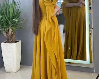 Gold Long Party Dress,sunny Wedding Dress With Puff Sleeves,yellow Delicate  Dress With a Train,mustard Prom Dress,royal Puffy Dress - Etsy
