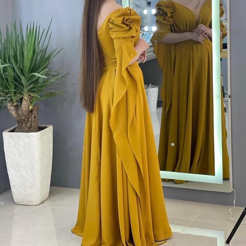 Mustard Yellow Chiffon Maxi Dress: Puffy Sleeve Boho