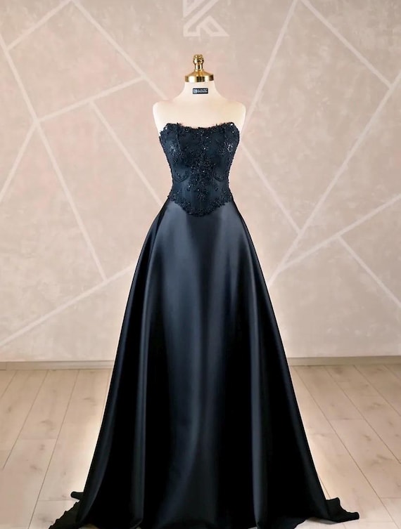 Black Satin Bustier Gown & Detachable Bustier Top | Custom Made Formal Dress  | Beaded Lace Bodice - Etsy Ireland