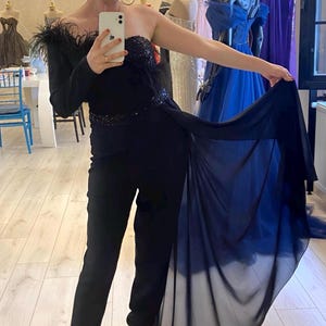 One-Shoulder Crepe Jumpsuit, Feather Detail Chiffon Overlay, Elegant Evening Outfit