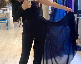 One-Shoulder Crepe Jumpsuit, Feather Detail Chiffon Overlay, Elegant Evening Outfit