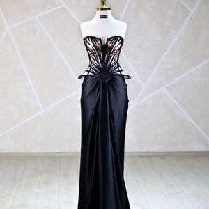 Luxury Black Beaded Corset Evening Gown - Unique Handmade Formal Dress - Lace-Up Back Special Design - Custom Size