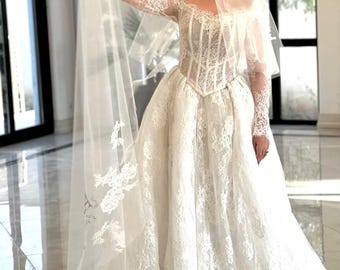 French Lace Corset Wedding Dress: Long Sleeve Bridal Ball Gown with Free Veil gift
