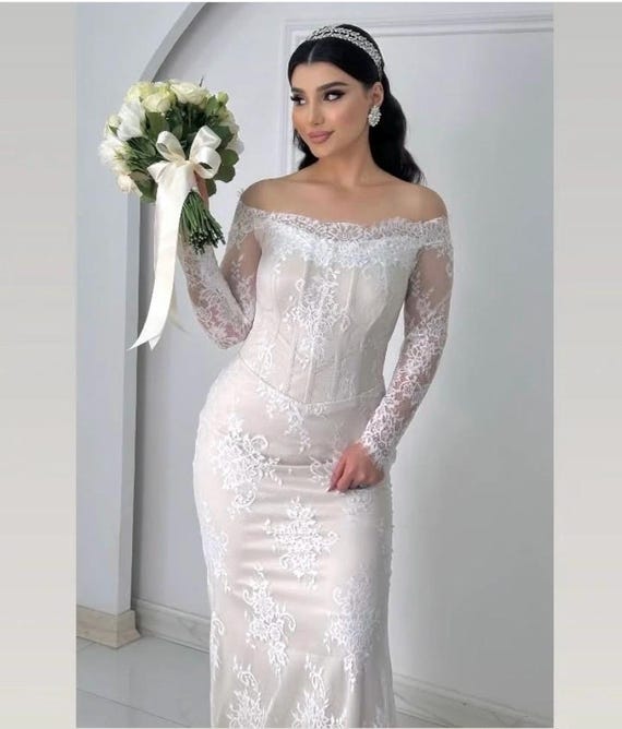 French Lace Mermaid Wedding Dress: Long Sleeve Off-Shoulder Corset Gown Handmade Bridal
