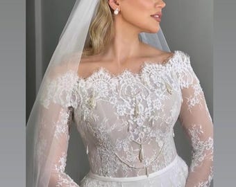 French Lace Wedding Dress with Pearls, Corset Back Bridal Gown & Glitter Veil