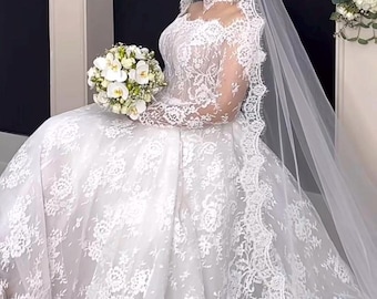 French Lace A-Line Wedding Dress: Long Sleeve Corset Bridal Gown Handmade Bridal