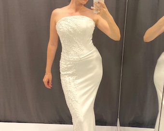 Strapless White Crepe Wedding Dress, Delicate Beaded Bridal Gown