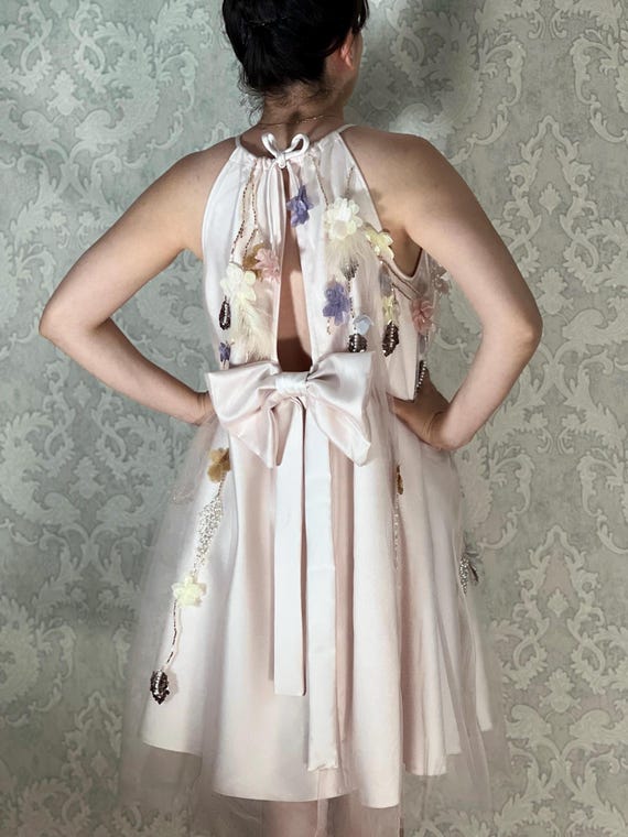3D Floral Appliqu Halter Dress: Handmade Satin Tulle Party Dress custom size