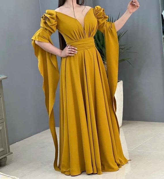 Mustard Yellow Chiffon Maxi Dress: Puffy Sleeve Boho Evening Gown custom size Mustard Yellow Chiffon Maxi Dress: Puffy Sleeve Boho Evening Gown custom size