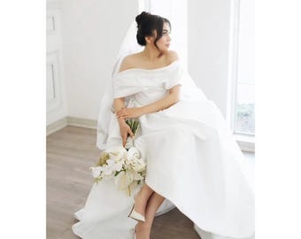 Off Shoulder Satin Wedding Dress with Lace-Up Back | Free Veil
