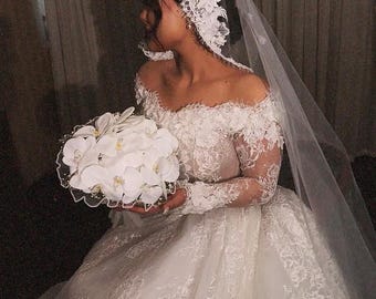 Luxury French Lace Wedding Dress, 3D Floral Appliqué Ball Gown, Custom Princess Bridal Gown
